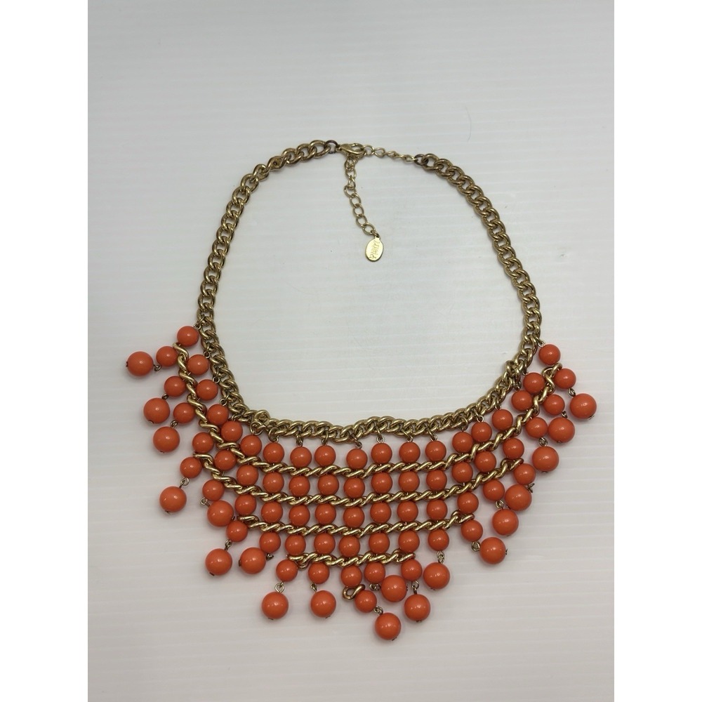 LUCIA Signed Orange Beaded Statement Necklace Gold Tone Bib Fringe Chunky Bold - Picture 3 of 10